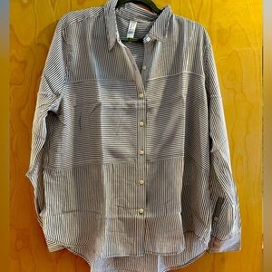 NWT Spanx Low-Maintenance Silk Button-Down Shirt black and white stripe!